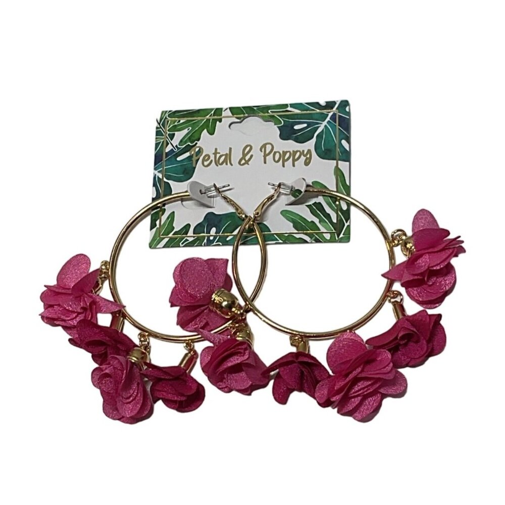 Hawaiian Petal & Poppy Pink Floral Hoop Earrings With Gold Accents